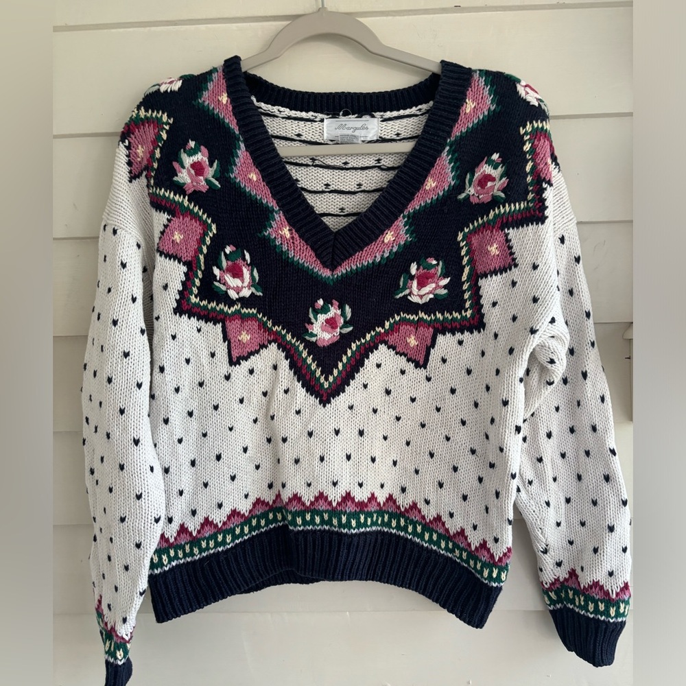 Margules Vintage Floral and Heart V-Neck Sweater Size Large